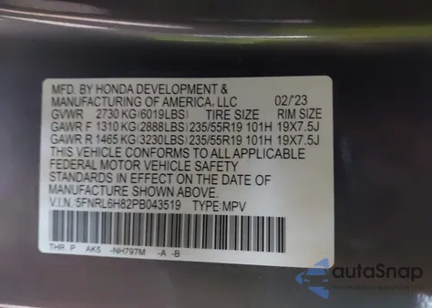 2023 Honda Odyssey Touring z USA, uszkodzony, nr VIN 5FNRL6H82PB043519